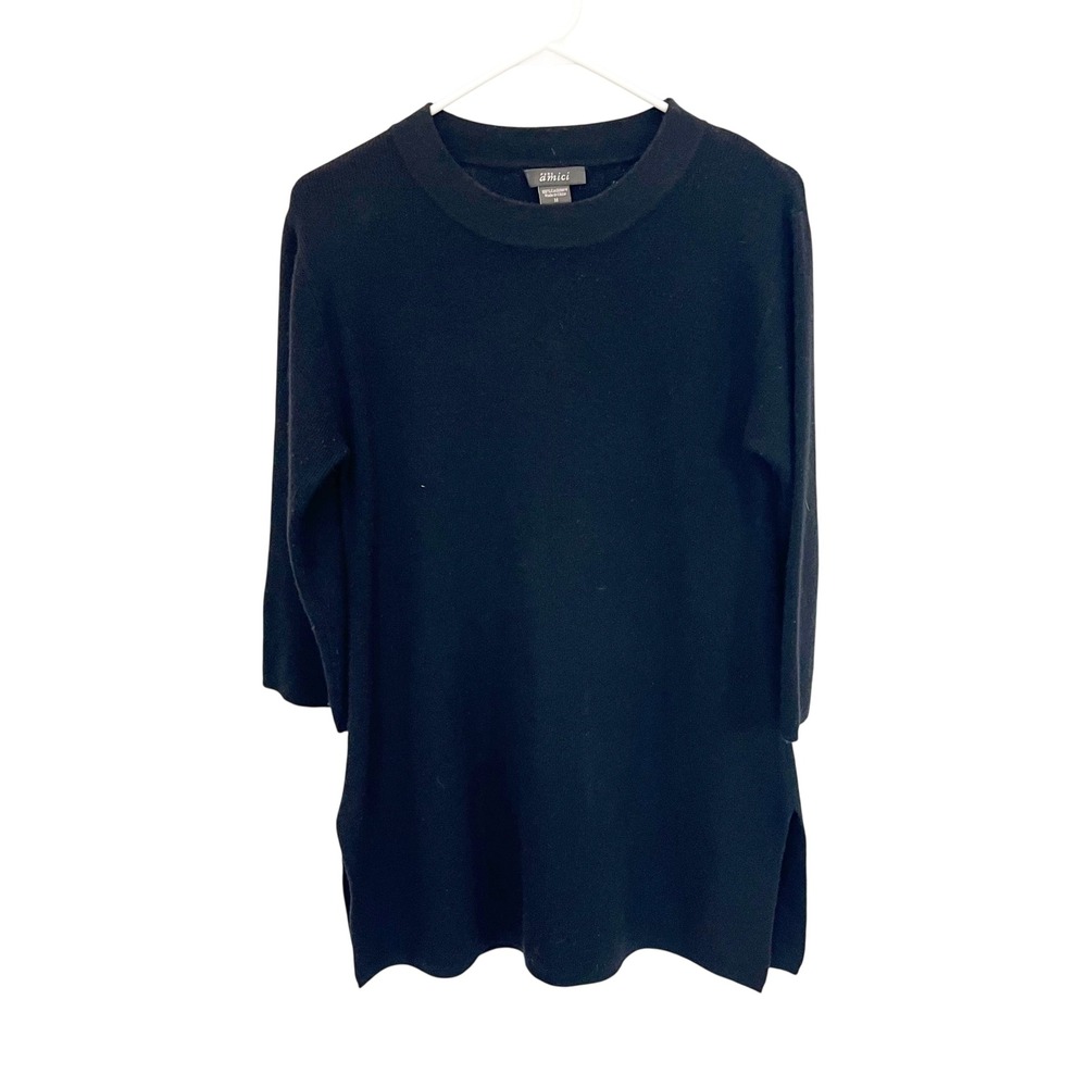 Pure Amici Black Cashmere‎ Crew Neck 3/4 Sleeve Tunic Sweater Size Medium